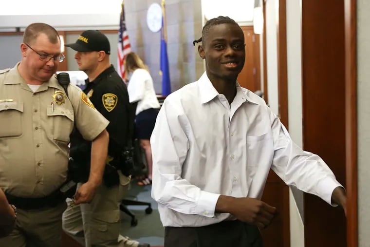 Weslie Martin, accused of burglarizing Wayne Newton's home, is escorted out of the courtroom following his hearing at the Regional Justice Center in Las Vegas, Friday, June 21, 2019. A Nevada jury found martin, a 22-year-old state prison inmate, guilty of burglarizing the mansion of "Mr. Las Vegas" twice in June 2018, and of trying to break into a neighboring home. (Erik Verduzco / Las Vegas Review-Journal via AP)