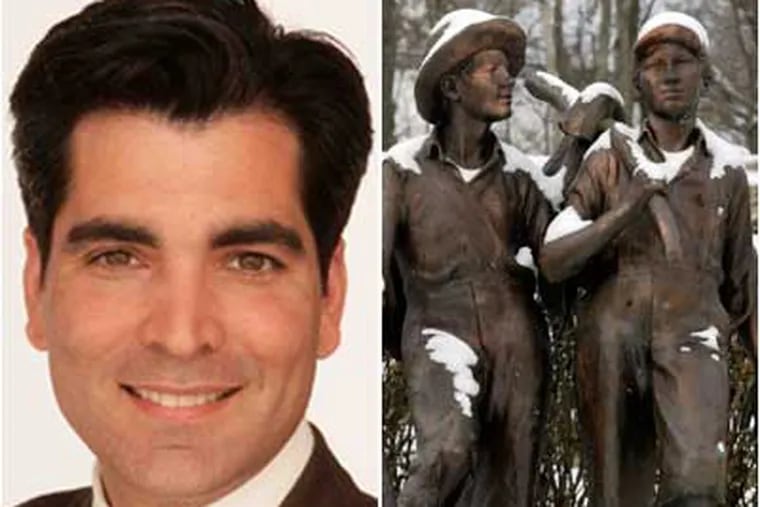 Tom Burlington, a former anchor, left, was let go for using the word at work to make a point.  Right: Statue of Tom Sawyer and Huck Finn in Hannibal, Mo.  A version of Twain's story will not contain the word.