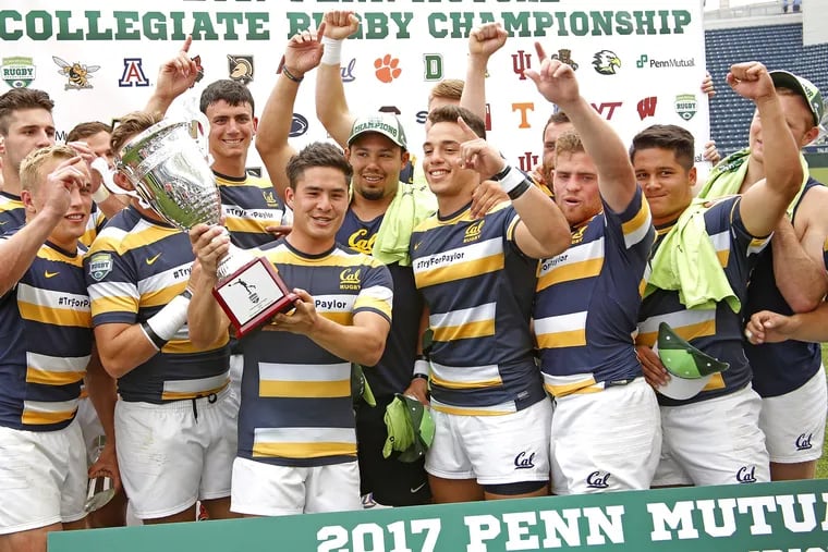 The California men celebrate after winning the 2017 Collegiate Rugby Championship.
