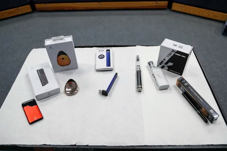 A collection of popular vaping products include Suorin, Juul and Blu on Monday, Sept. 24, 2018.
