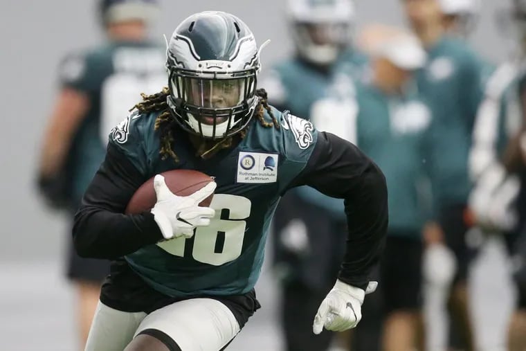 Eagles running back Jay Ajayi carries the ball during practice at the NovaCare Complex in South Philadelphia on Tuesday, May 22, 2018. Tuesday was the first day of the Eagles' organized team activities.