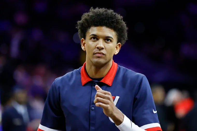 Sixers guard Matisse Thybulle during warm-ups before the Sixers played the Detroit Pistons on Sunday, April 10, 2022 in Philadelphia.