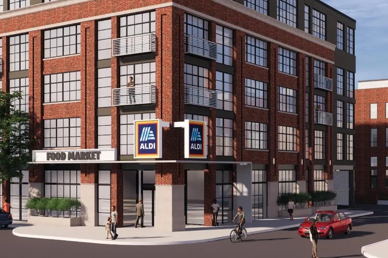 Artist's rendering of apartment building planned at former chocolate factory site in South Philadelphia, as seen from corner of 21st Street and Washington Avenue. Grocer Aldi plans a store at the corner.