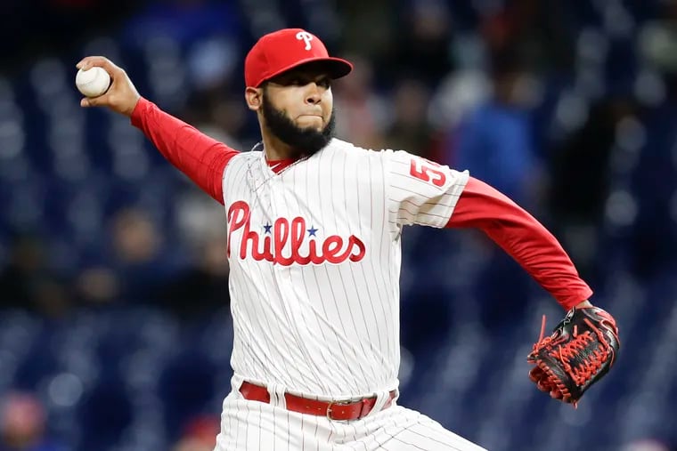 Reliever Seranthony Dominguez left Wednesday's win against the Padres in the eighth inning with what manager Gabe Kapler described as elbow soreness.