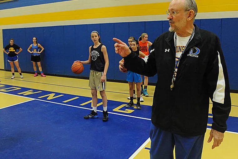 Longtime Downingtown East High girls basketball coach Bob Schnure
directs practice Nov. 25, 2014.  Schnure retired after last season but
the school had difficulty finding a suitable replacement, so Schnure
agreed to return again for this season.  (Clem Murray/Staff
Photographer)