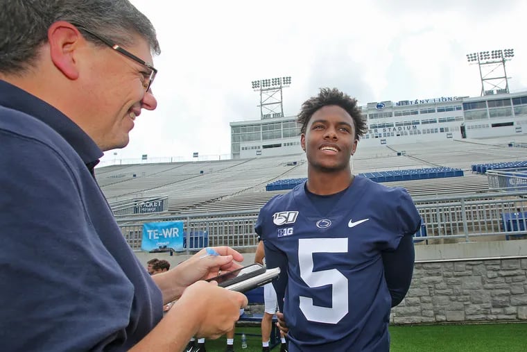 Penn State wide receiver Jahan Dotson (5) during the program's annual media day in August.