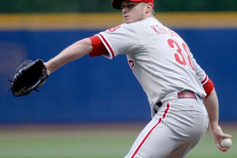Philadelphia Phillies' Kyle Kendrick pitches to the Milwaukee Brewers during the first inning of a baseball game Saturday, Sept. 26, 2009, in Milwaukee. (AP Photo/Darren Hauck)
