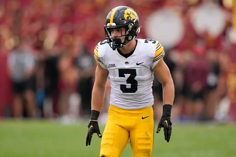 Iowa defensive back Cooper DeJean (3) gets set for a play during the second half of an NCAA college football game against Iowa State, Saturday, Sept. 9, 2023, in Ames, Iowa. (AP Photo/Charlie Neibergall, File)