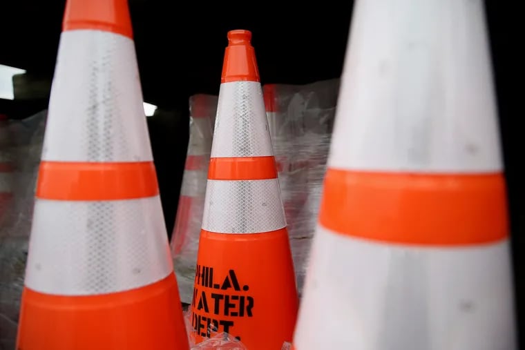 Traffic cones are pictured in the Philadelphia Water Department storage yard in North Philadelphia in May 2019.