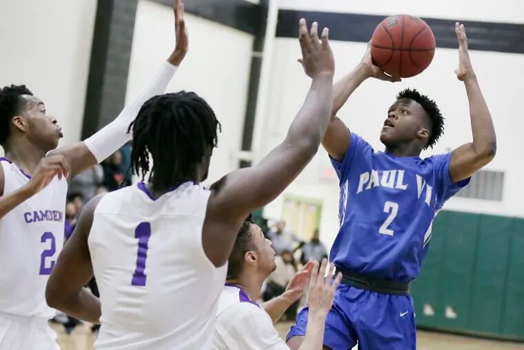Paul VI # 2 Tyshon Judge shoots the ball in the second half of the Paul VI vs Camden H.S. boys basketball game at Creative Arts H.S. in Camden,  N.J. on February 7, 2019. Camden won the game 51-43.