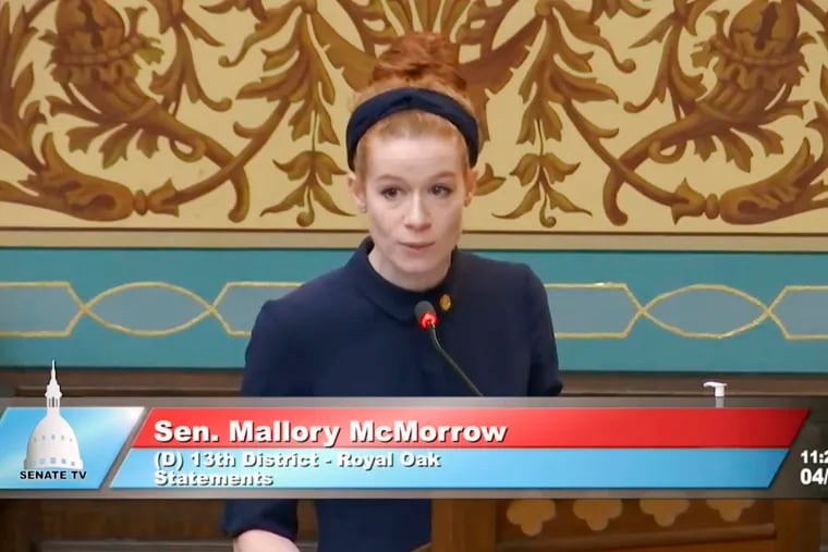 This image from the Michigan Senate shows Sen. Mallory McMorrow speaking on Tuesday.