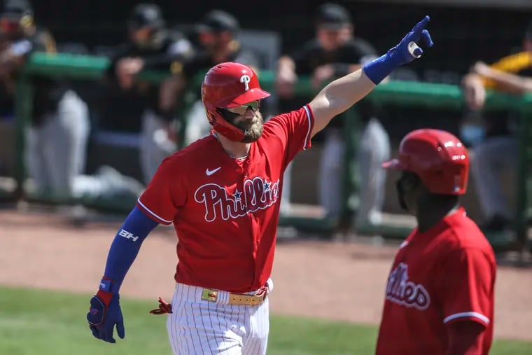 Phillies' Bryce Harper celebrates his two run homer against the Pirates during the 1st inning at BayCare Ballpark in Clearwater, Florida, Friday, March 5, 2021 Phillies shutout the Pirates 3-0.