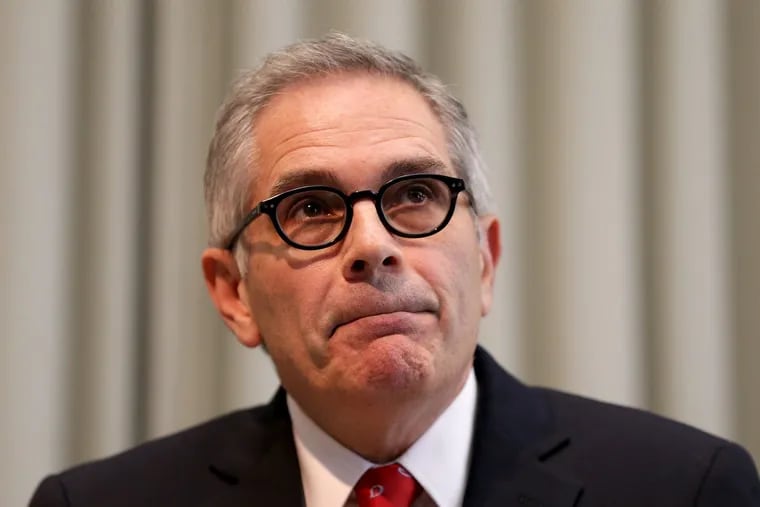 Philadelphia District Attorney Larry Krasner listens to a question as he holds a news conference on the recent developments in the case of the murder of Philadelphia Police Sergeant Robert Wilson at the DA's office in Philadelphia, PA on June 25, 2018. DAVID MAIALETTI / Staff Photographer