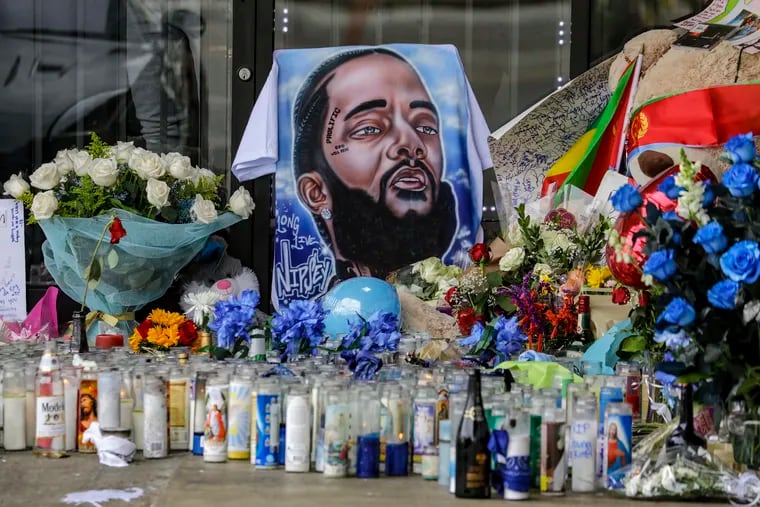 A makeshift memorial for Nipsey Hussle in Los Angeles.