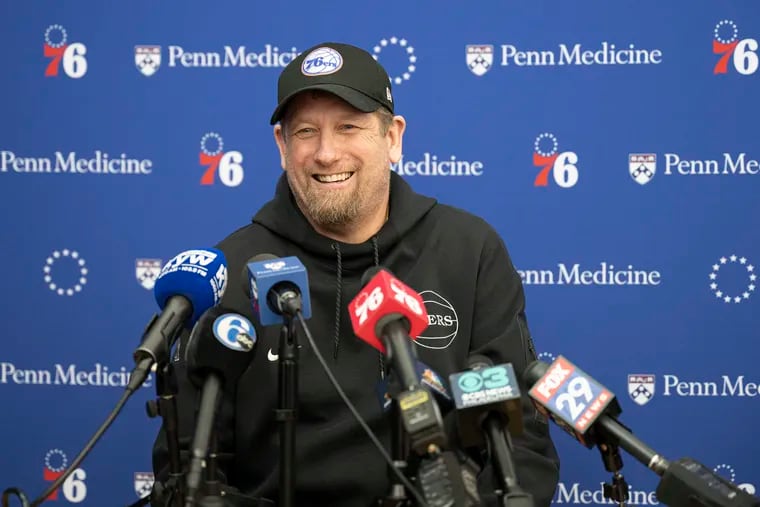 Sixers coach Nick Nurse talks to the media on Wednesday at the team's practice facility in Camden.