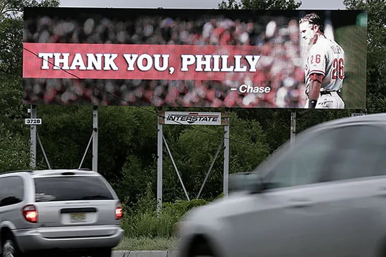 Chase Utley thanks Philly via 4 Interstate Outdoor Advertising digital billboards. This 12x42 ft billboard faces East where Rt. 70 (Rt 70 Westbound traffic in foreground) and Rt. 38 merge in Pennsuaken. It sits just East of the Browning Rd connector.