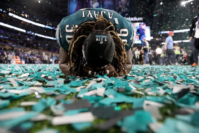 Eagles’ running back Jay Ajayi reacts after the Eagles won the Super Bowl.