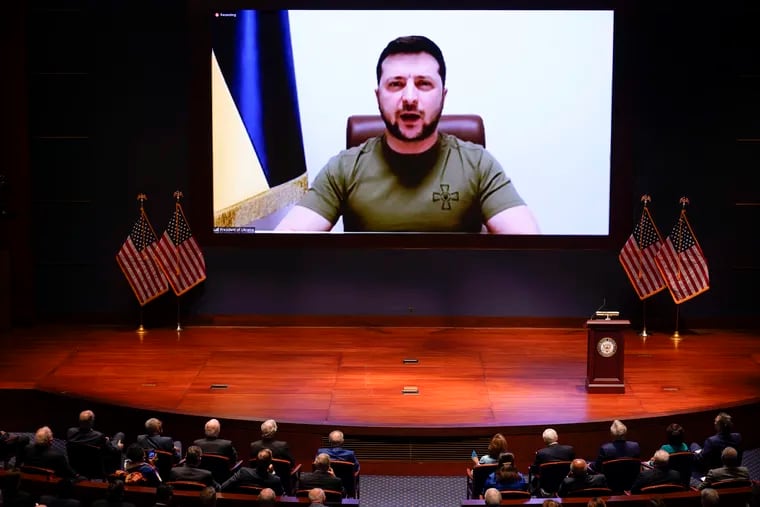 Ukrainian President Volodymyr Zelenskyy speaks to the U.S. Congress by video.
