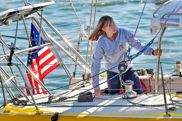 Abby Sunderland, 16, as she sailed out aboard Wild Eyes. She was spotted by an aircraft crewon Friday and was awaiting rescue early Saturday on her crippled sailboat in the Indian Ocean.