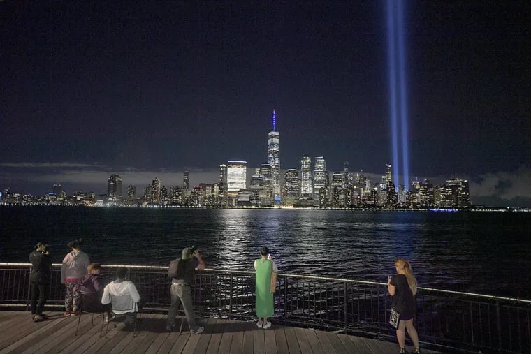 The annual Tribute in Light marking the 19th anniversary of the 2001 attack on the World Trade Center on September 11, 2020, is seen from Jersey City, New Jersey.