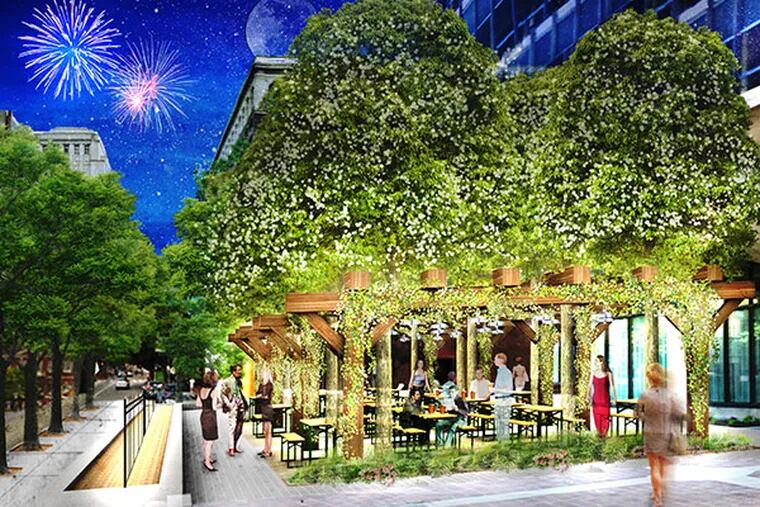 A rendering of a proposed beer garden for Sixth and Ranstead Streets by restaurateur Michael Schulson. The design is by Groundswell Design Group of New Jersey, and it call for an open space with  300-400 seats, and a rustic motif.  (Groundswell Design Group, LLC)