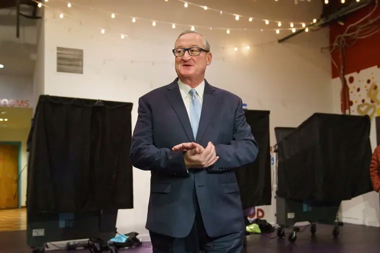 Philadelphia Mayor Jim Kenney exits a voting booth after voting on Election Day at the Painted Bride Theater, in Philadelphia, Tuesday, Nov. 5, 2019. (Jessica Griffin/The Philadelphia Inquirer via AP)