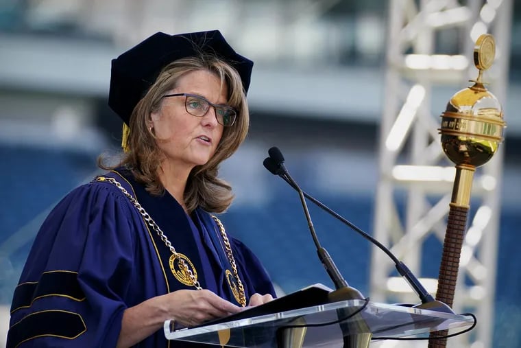 La Salle University President Colleen M. Hanycz addresses graduates during the school's Class of 2021 commencement at Lincoln Financial Field in South Philadelphia on Saturday, May 15, 2021. Hanycz is leaving the school to become president of Xavier University starting July 1.