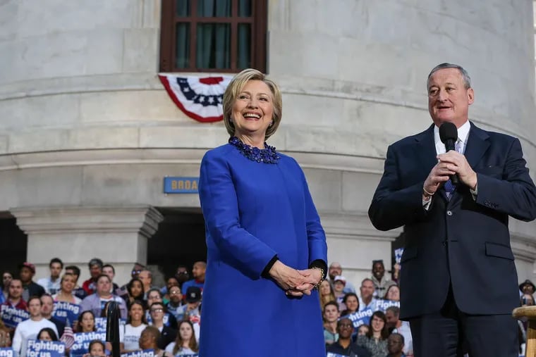 Hillary Clinton and Mayor Kenney at a rally in the City Hall courtyard. &quot;The goal here is to make sure we have a Democrat in the White House next year,&quot; she said.