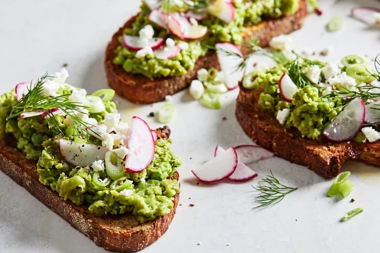 Sweet Pea Toasts With Feta. MUST CREDIT: Photo by Stacy Zarin Goldberg for The Washington Post.