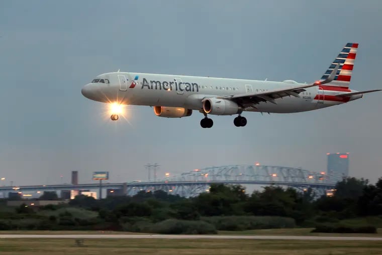 An American Airlines plane, about to land, at Philadelphia International Airport (PHL) on Aug. 4, 2022.