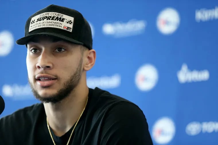 Sixers’ guard Ben Simmons talks to reporters at the Sixers practice facility in Camden, NJ on May 10, 2018.