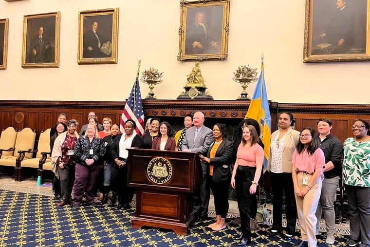 Mayor Jim Kenney and members of the Philadelphia Community Action Network announce a pilot that would offer 18 months of guaranteed monthly income payments to 250 pregnant people.