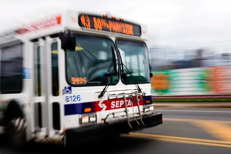 An October photo of a SEPTA bus in Philadelphia. A woman was killed Sunday morning when her vehicle collided with the back of a SEPTA bus on Haverford Avenue, police said.