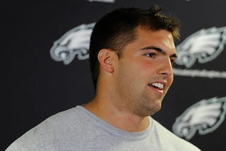 Eagles rookie Alejandro Villanueva speaks to members of the media during an availability after rookie camp at the team's NFL football practice facility on Friday, May 16, 2014, in Philadelphia. (Michael Perez/AP)