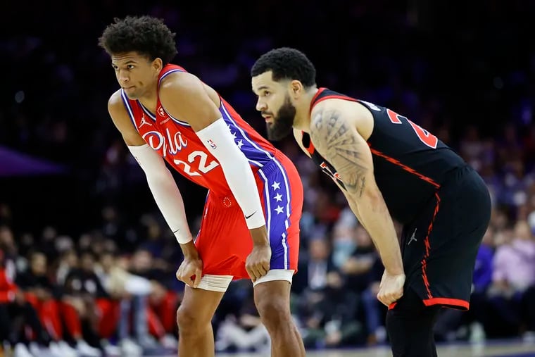Sixers guard Matisse Thybulle stands next to Toronto Raptors guard Fred VanVleet during game two of the Eastern Conference quarterfinals playoffs on Monday, April 18, 2022 in Philadelphia.