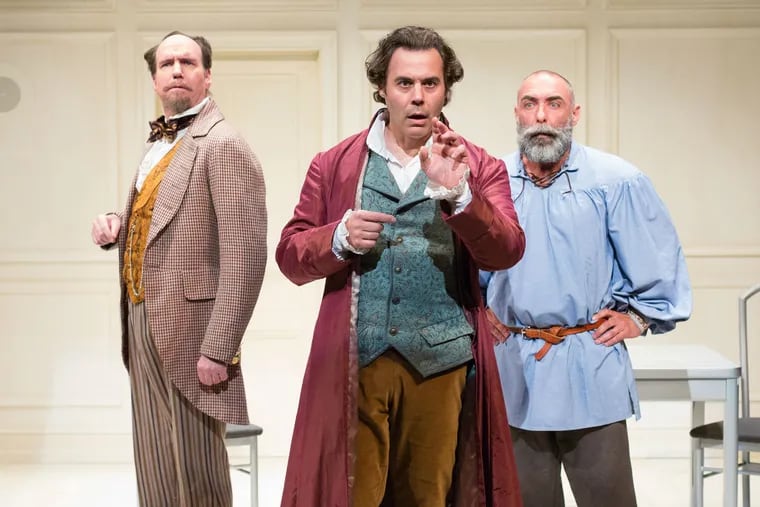 (Left to right:) Brian McCann as Charles Dickens, Gregory Isaac as Thomas Jefferson, and Andrew Criss as Leo Tolstoy in Lantern Theater Company’s production of “The Gospel According to Thomas Jefferson, Charles Dickens and Count Leo Tolstoy: Discord,” through July 2.