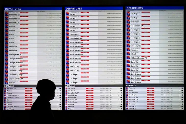 In February 2022, the flight status board for Southwest Airlines at Dallas Love Field was filled with red cancellation labels after a winter storm moved through Dallas-Fort Worth.