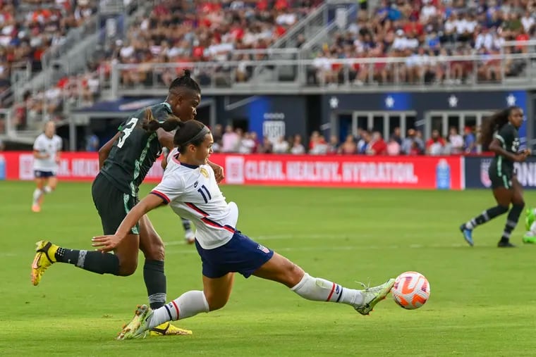 U.S. forward Sophia Smith fires a shot on goal during the Americans' 2-1 win over Nigeria at Audi Field.