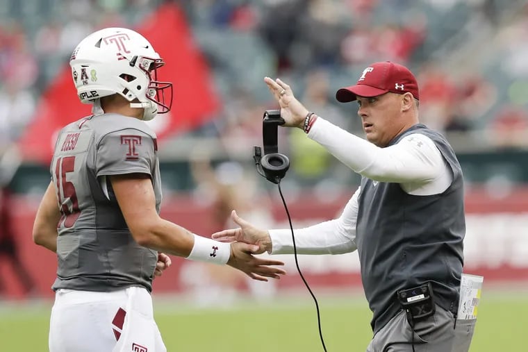 Temple Head coach Geoff Collins with quarterback Anthony Russo against East Carolina on Saturday, October 6, 2018. YONG KIM / Staff Photographer