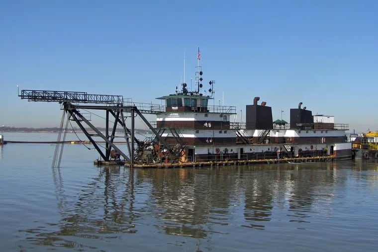 The dredge Pullen works in the Delaware River during the first contract of the Main Channel Deepening project. The 102 mile project deepens the federal channel from 40 to 45 feet.