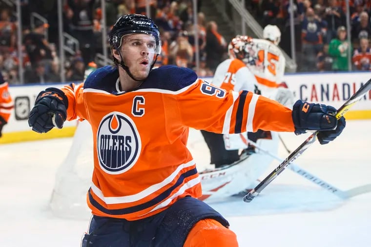 Edmonton Oilers' Connor McDavid celebrates a goal against the Flyers during the second period.