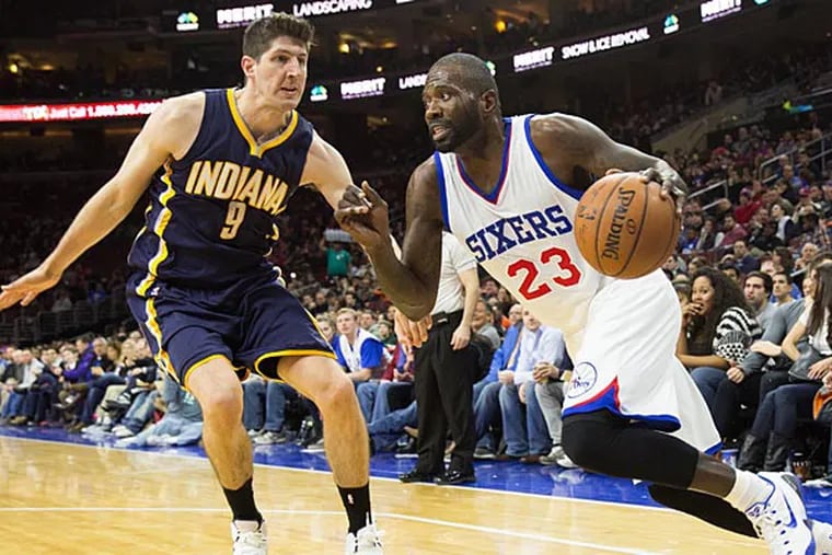 Philadelphia 76ers guard Jason Richardson (23) drives past Indiana Pacers forward Damjan Rudez (9) during the second half at Wells Fargo Center. The Pacers defeated the 76ers 106-95. (Bill Streicher/USA Today)