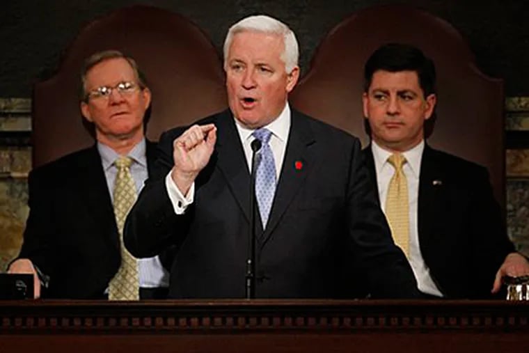 Gov. Tom Corbett delivers his budget address for the fiscal year 2011-2012 Seated left is Speaker of the Pennsylvania House of Representatives, Rep. Sam Smith, R-Jefferson, and Pennsylvania Lt. Gov. Jim Cawley. (AP Photo/Matt Rourke)