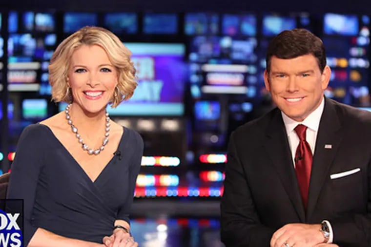 More than 11 million viewers watched Megyn Kelly and Bret Baier, top, anchor Tuesday's debate, more than CNN and MSNBC combined. Above, Sean Hannity at the Biden/ Ryan debate. Channel is seeking to clearly separate its news shows and its prime-time opinion shows, hosted by Hannity, Bill O'Reilly, and the like. Fox News