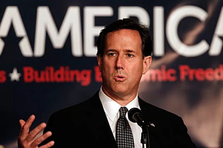 Republican presidential candidate, former Pennsylvania Sen. Rick Santorum, speaks at a rally in Lincoln Park, Mich., Friday, Feb. 24, 2012. (AP Photo/Paul Sancya)