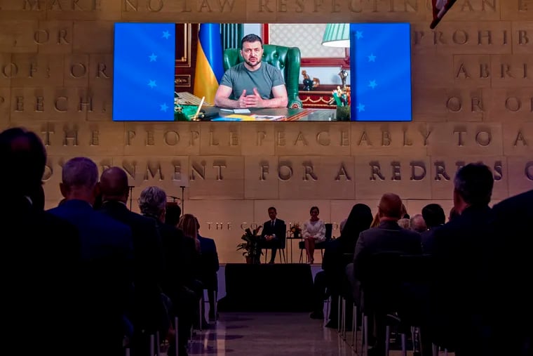 Ukraine President Volodymyr Zelensky is seen on video as he make his acceptance speech after receiving the 2022 Liberty Medal during ceremonies at the National Constitution Center on Monday.