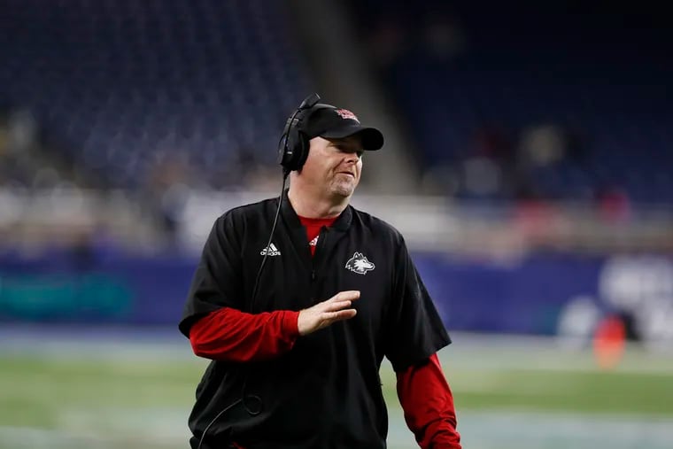 Northern Illinois head coach Rod Carey reacts during the first half of the Mid-American Conference championship NCAA college football game against Buffalo, Friday, Nov. 30, 2018, in Detroit.