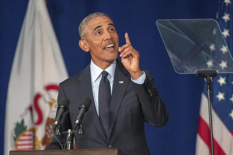 Former President Barack Obama speaks in Foellinger Auditorium on the University of Illinois campus in Urbana, Ill., on Friday, Sept. 7, 2018. Obama will receive a medal for the Paul H. Douglas Award for Ethics in Government at a private ceremony following the speech.