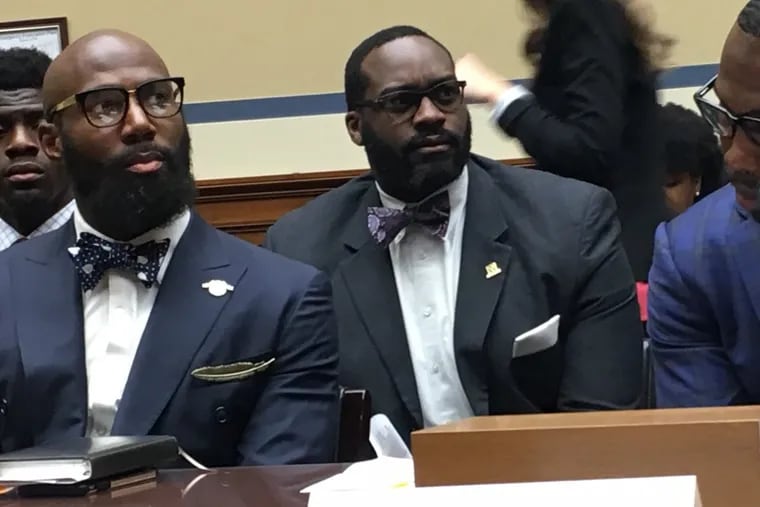 Eagles safety Malcolm Jenkins (left) prepare to speak to Democratic members of Congress on March 30, 2017. Jenkins was one of several NFL players who came to the Capitol to urge lawmakers to enact reforms to the criminal justice system.
