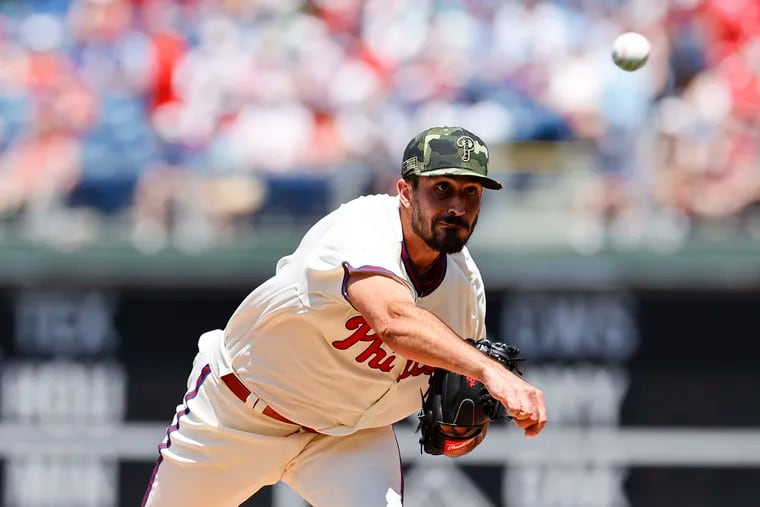 Phillies pitcher Zach Eflin throws the baseball against the Los Angeles Dodgers on Sunday, May 22, 2022 in Philadelphia.